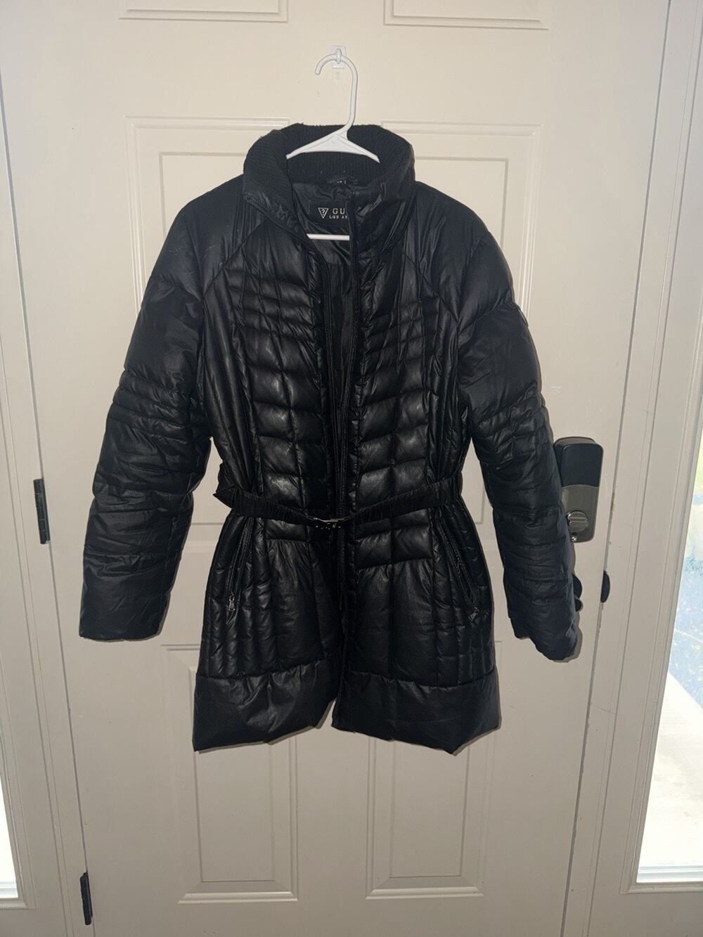 GUESS Black Puffer Jacket L Mid-Length Stand-Up Collar Full Zip Belted